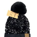 C.C. NWT Sequin Pom Beanie Womens OS Black Faux Fur Winter Glam Holiday Party Photo 2