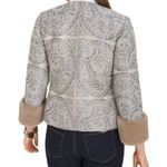 Chico's Chico’s Convertible Faux-Fur Cuff Jacquard Jacket in Taupe/Blue Photo 1
