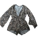 Free People Floral Romper Shorts Deep V-Neck Size Medium Black White Bell Sleeve Photo 0