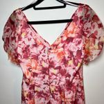 Carmen Marc Valvo 100% Silk Floral Ruffle Midi Dress Pink Orange S-8 Wedding Guest Cocktail Sunset Photo 11