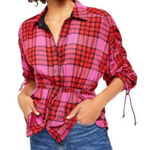 Free People  Women's Pink Red Plaid Wool Blend Pacific Dawn Shirt Sz L Flannel Photo 0