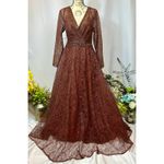 Mac Duggal  Embellished Illusion Long Sleeve V-Neck Gown Chocolate 12 Photo 3