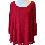 Roz & Ali Red Lace Blouse Sheer Sleeve Back Cut Out Holiday Party Womens Large Photo 0