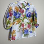 Sheer Floral Shirt Preppy Button Up Puff Sleeve Coquette M Feminine Classic Tea White Size M Photo 5