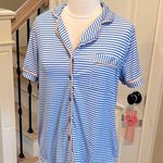 Comfy Knit Pajama Top Collared Button Down Blue White Striped Photo 0