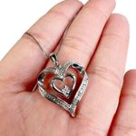 Diamond Double Heart Sterling Silver Box Chain Pendant Necklace Photo 3