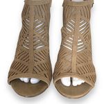 Just Fab Poppi Caged Wedge Sandal Tan Lasercut Detail Faux Leather Ankle Strap Photo 4