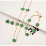 Gold Plated Clover Necklace Earring SET Green 5 Petals Unisex Womens Mens Photo 4