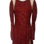 Y2K Luxe Dress Red Sequin Mini Dress Sz S Mesh Cutout Clubwear Glam Holiday NYE Photo 0