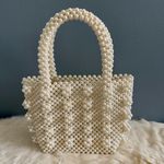 Beaded Woven Faux Ivory Pearl Tote Bag White Photo 2