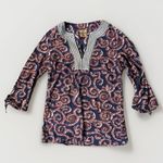Tory Burch  S Top Stretch Low V Cut‎ Silk Blend  Easywear Navy Brown Blouse Tunic Photo 4