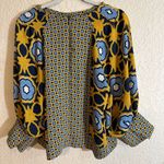Chico's  Gold Blue  Medium Geometric Print‎ Pintuck Top Raglan Sleeves Split Photo 3