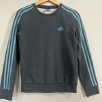 Adidas Women’s Small Pullover Sweatshirt Gray Aqua 3-Stripes Crewneck Fun Color Photo 0
