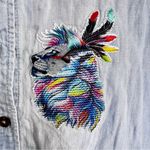 SO  Chambray Blue Button Up Top XL w Embellished Rainbow Lion-King And feathers Photo 3