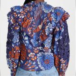 Farm Rio  Smocked Pineapple Flowers Long Sleeve Ruffle Top in Navy Blue Large Photo 6