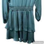 ZARA NWT  Teal Long Sleeve Satin Mini Dress Elastic Waist Ruffled Hem V-Neck M Photo 10