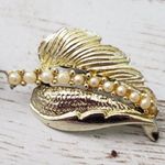 Vintage Clip On Earrings Light Shade of Gold Tone Leaf with Faux Pearl Detail Photo 5