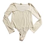 Open Edit SZ Large Women Cream Long Sleeve Ribbed Bodysuit Organic Cotton Blend Photo 1