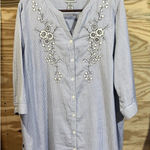 Catherines Catherine Pinstripe Floral Embroidered Tunic Blue Pinstripe Relaxed Cottage Photo 0