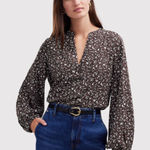 Madewell  Womens Top Brown Floral Ditsy V Neck Long Sleeve Blouse Boho Small Photo 0