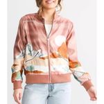 Hooey Satin Bomber Jacket XL Women’s Pink Desert Western Landscape Print Zip Up Brown Photo 2