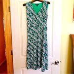 Lands' End sleeveless geometric kelly green white faux wrap stretchy dress SMALL Photo 1