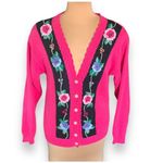 Vintage 90s Knit Pink Dark Floral Embroidered Cardigan Sweater Feminine Romantic Size M Photo 1
