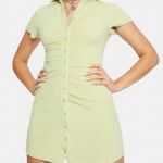 Beige Botany Terrycloth Collared Button Front Ruched Bodycon Mini Dress Large Photo 7