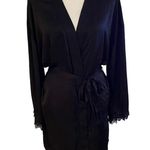 BHLDN Anthropologie Size S Matine Satin Lace Bridal Short Robe Black Silky Photo 1