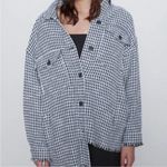ZARA  Shacket Oversized Jacket Houndstooth Tweed Blue Fringe‎ Size Small Blazer Photo 2