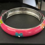 New Pink Enamel Bracelet w Blue, Green, Orange & Yellow flowers w Center Crystal Photo 2