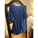 NEW Deep V Neck Puff Sleeve High Rise Flare Dress Elastic Waist L Blue Size L Photo 1