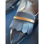 AGL Designer Pointed Toe Fringe Career Flats Navy Gold Leather Italian Size 6.5 Blue Photo 2