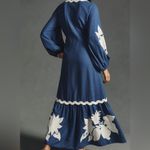 Farm Rio  $320 Flounce Long Sleeve Embroidered Maxi Dress Blue White Linen Blend Photo 1