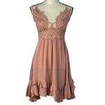 Free People One Small Adella Slip Mini Dress Rose Crochet Lace Flowy Smocked Photo 1