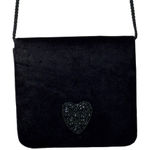 Chic Small Black Velvet Crossbody Bag with Beaded Heart Detail Photo 0