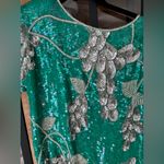 Vintage 80s Sequins Silk Beaded Top Emerald Floral life of a showgirl blouse Silver Size M Photo 1