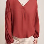 Anthropologie  Dolan V Neck Long Sleeve Blouse Top Terracotta Rust Red Large Photo 0