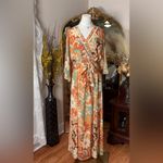 Baltic Born Groovy Floral Wrap Maxi Dress Belted Kimono Sleeve Boho Retro Orange Teal Photo 1