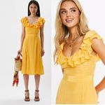 French Connection NEW  UK Almedina Drape Frill Neck Midi Dress Marigold Yellow Lg Photo 1
