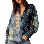 Free People We The Flower Patch Button Down Flowy Blouse Indigo Blue Combo XS Photo 0