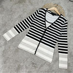 St. John  Wool Blend Striped Cardigan Sweater V-Neck Longsleeve in Ivory Black S Photo 2