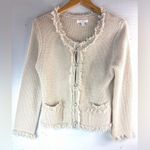 Roz & Ali  M Tweed Fringe Knit Look Crystal Button Lightweight Preppy Jacket Photo 0