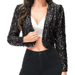 Aidan Mattox Sequin Cropped Jacket Medium Black NYE Glam Luxury Sparkle Holiday Photo 0