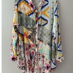 Calessa Top Size 1X Multicolor Aztec Button Front Southwestern Abstract Roll Tab Blue Photo 15