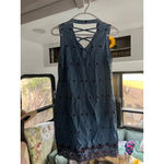 Women's Unbranded Blue Denim and Red Floral Embroidered Mini Dress Photo 2