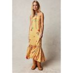 Free People  Bohemian Rosie Posie Strapless Midi Dress Yellow Floral Size Medium Photo 2