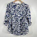 JM Collection  Linen Blouse 20W Blue White Scroll‎ Print Button Front Roll Tab Photo 2