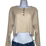 Forever 21 Beige ribbed cropped long sleeve top with button up front Photo 0