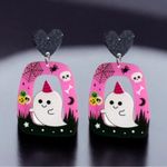 Cool Halloween Black Heart Hollow Out Ghost Pink‎ Acrylic Earrings Photo 3